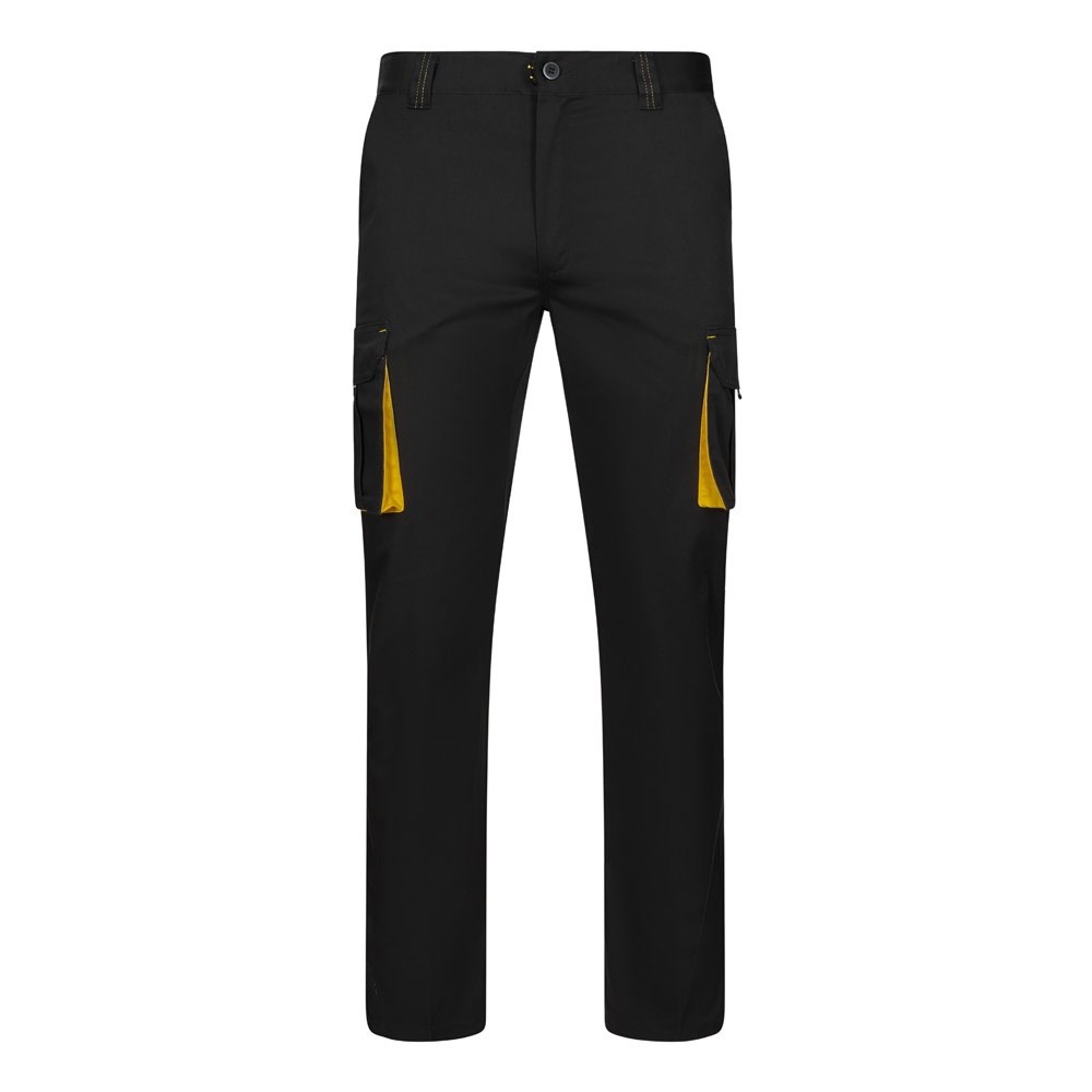 VL FIDES. Zweifarbige Stretch-Hose mit mehreren Taschen (240 g/m²), aus Baumwolle (46 %), EME (38 %) und Polyester (16 %) - schwarz, gelb