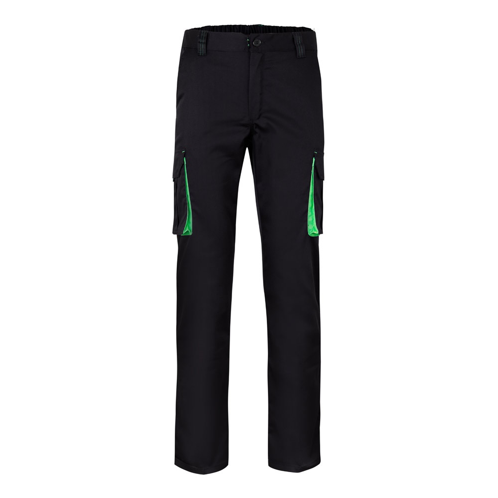 VL FIDES. Zweifarbige Stretch-Hose mit mehreren Taschen (240 g/m²), aus Baumwolle (46 %), EME (38 %) und Polyester (16 %) - schwarz, grün