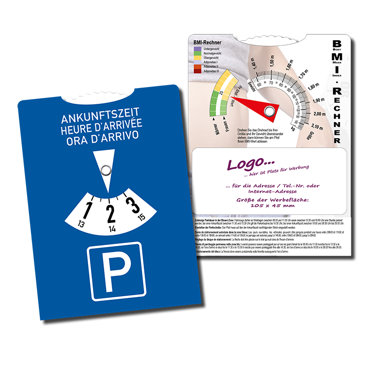 Parkscheibe (CH – 3-sprachiger Vorderseite) mit rückseitigem BMI-Rechner