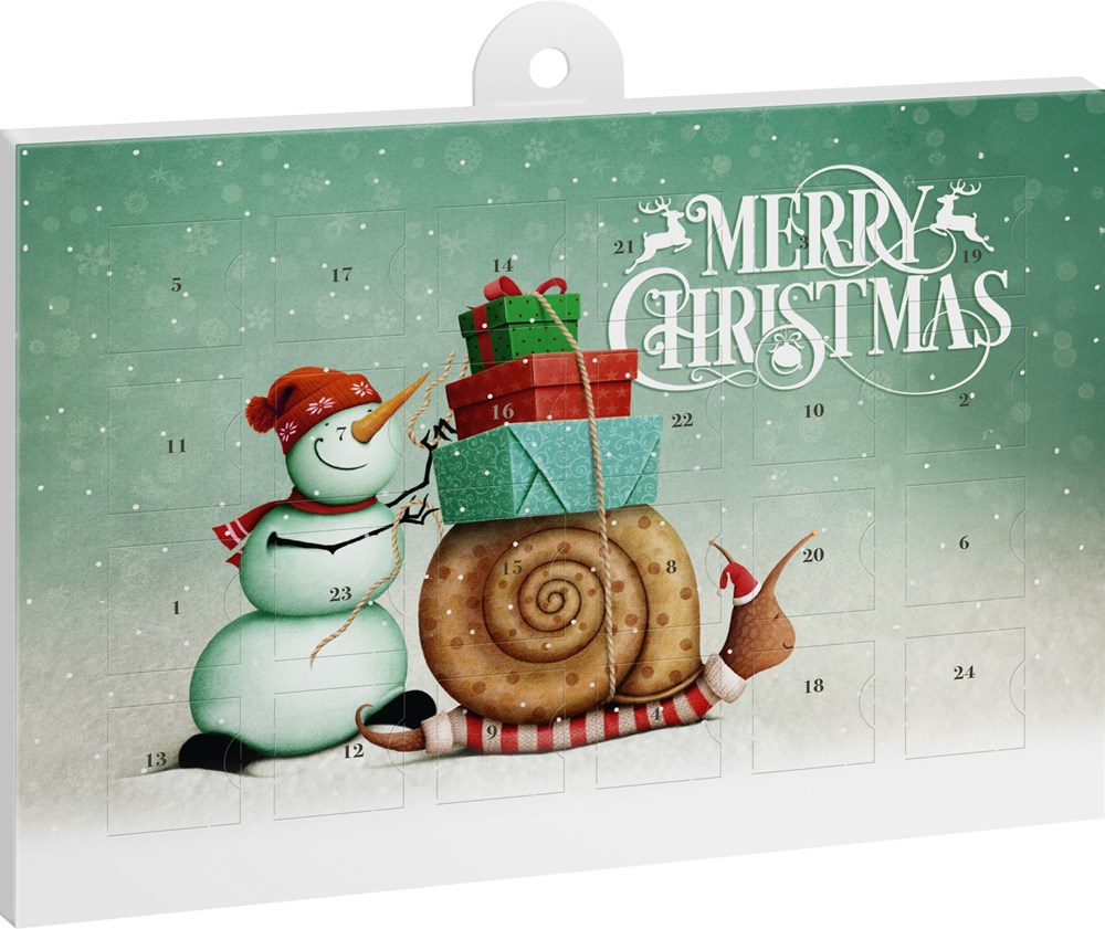 A5-Schoko-Adventskalender mit Werbeeindruck - Schneckenpost