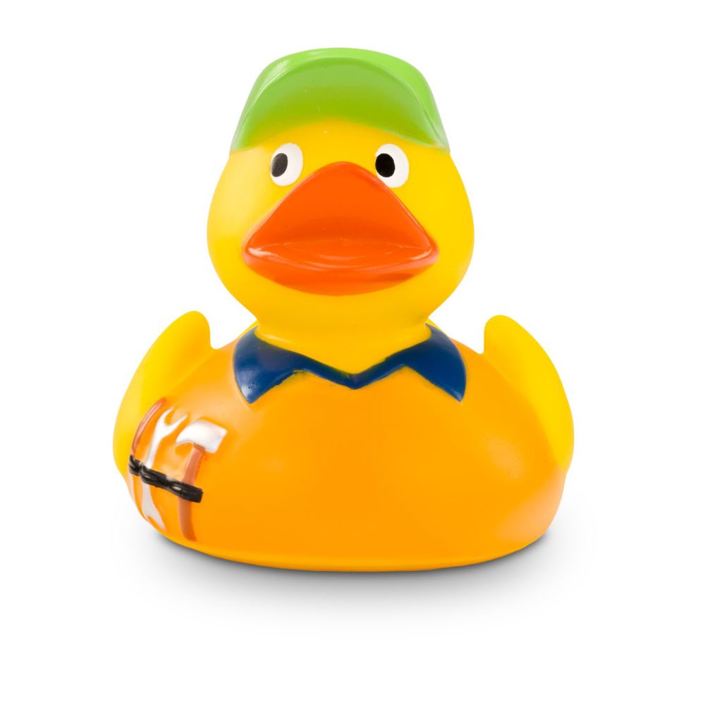 Werbeente Hugo Handwerker mit orangenem Shirt