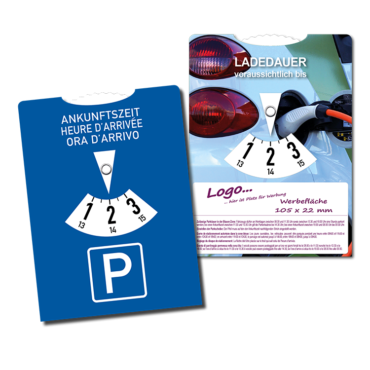Parkscheibe (CH – 3-sprachiger Vorderseite) mit rückseitiger Elektroladescheibe
