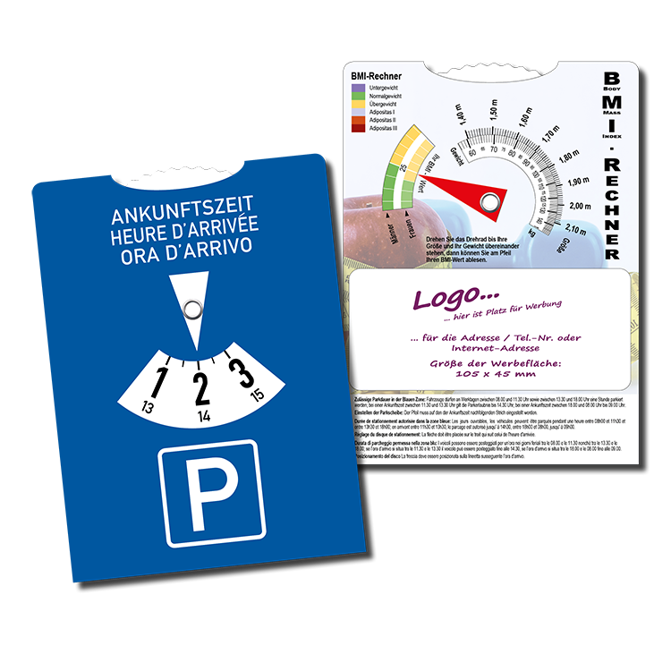 Parkscheibe (CH – 3-sprachiger Vorderseite) mit rückseitigem BMI-Rechner