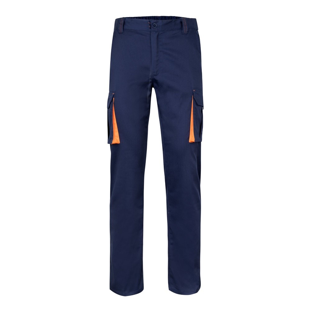 VL FIDES. Zweifarbige Stretch-Hose mit mehreren Taschen (240 g/m²), aus Baumwolle (46 %), EME (38 %) und Polyester (16 %) - Marineblau, Orange