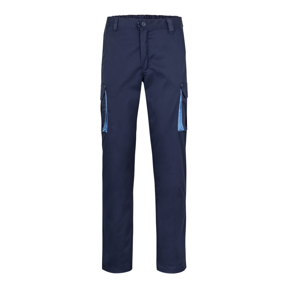 VL FIDES. Zweifarbige Stretch-Hose mit mehreren Taschen (240 g/m²), aus Baumwolle (46 %), EME (38 %) und Polyester (16 %) - Marineblau, Hellblau