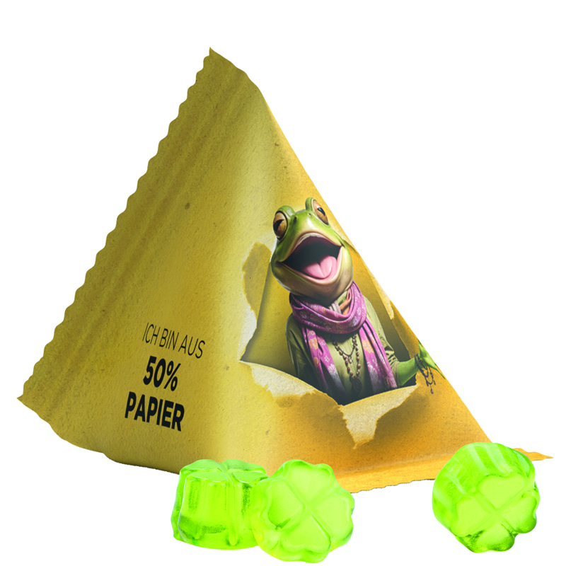 Fruchtgummi Tetraeder, Folie mit ca. 50% Papieranteil, weiß, Trolli Fruchtgummi Kleeblatt