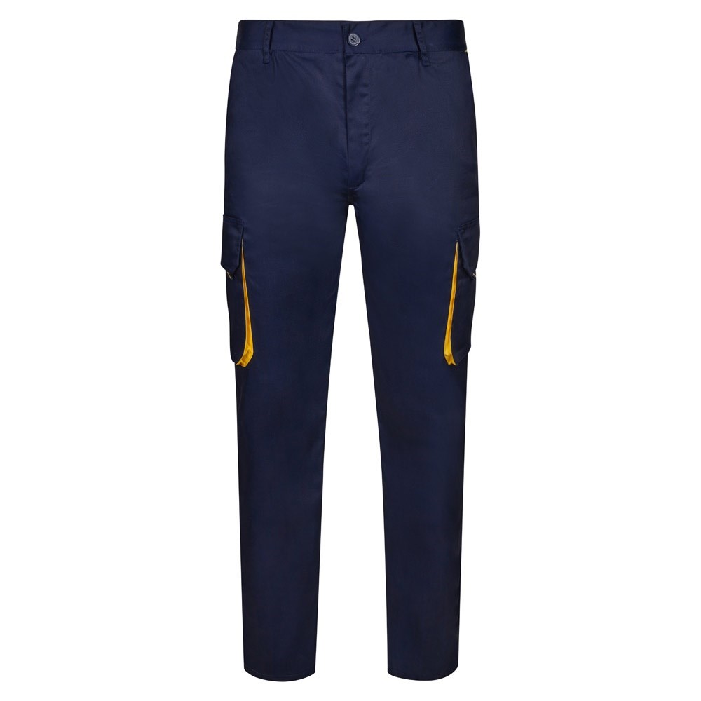 VL HYPNOS. Zweifarbige Twill-Hose mit mehreren Taschen (200 g/m²), aus Baumwolle (35 %) und Polyester (65 %) - Marineblau, Gelb