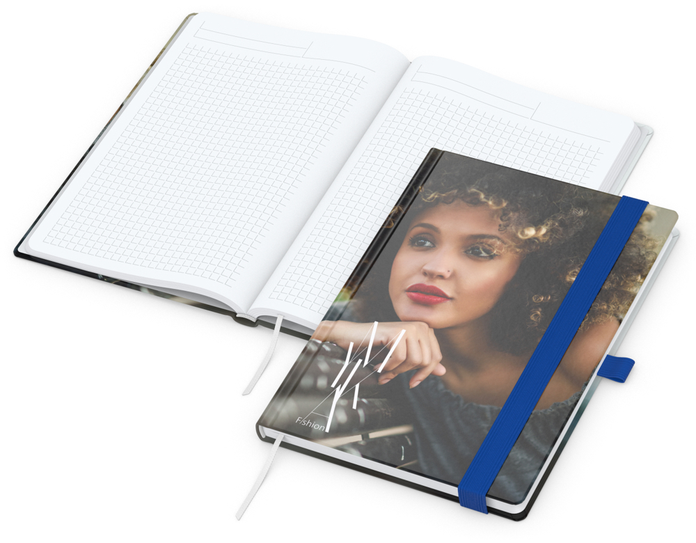 Notizbuch Match-Book White Bestseller, A5, Cover-Star, matt-individuell, mittelblau