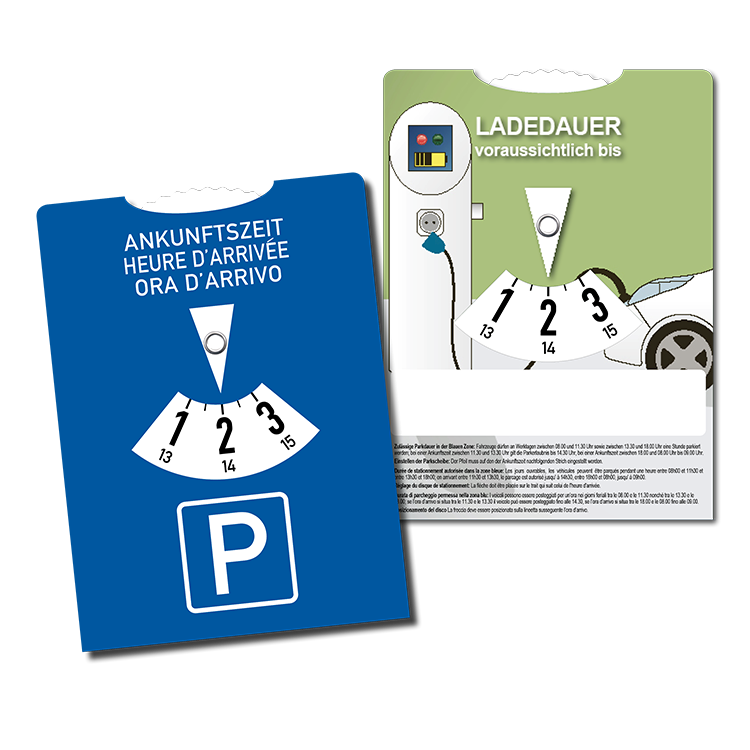 Parkscheibe (CH – 3-sprachiger Vorderseite) mit rückseitiger Elektroladescheibe
