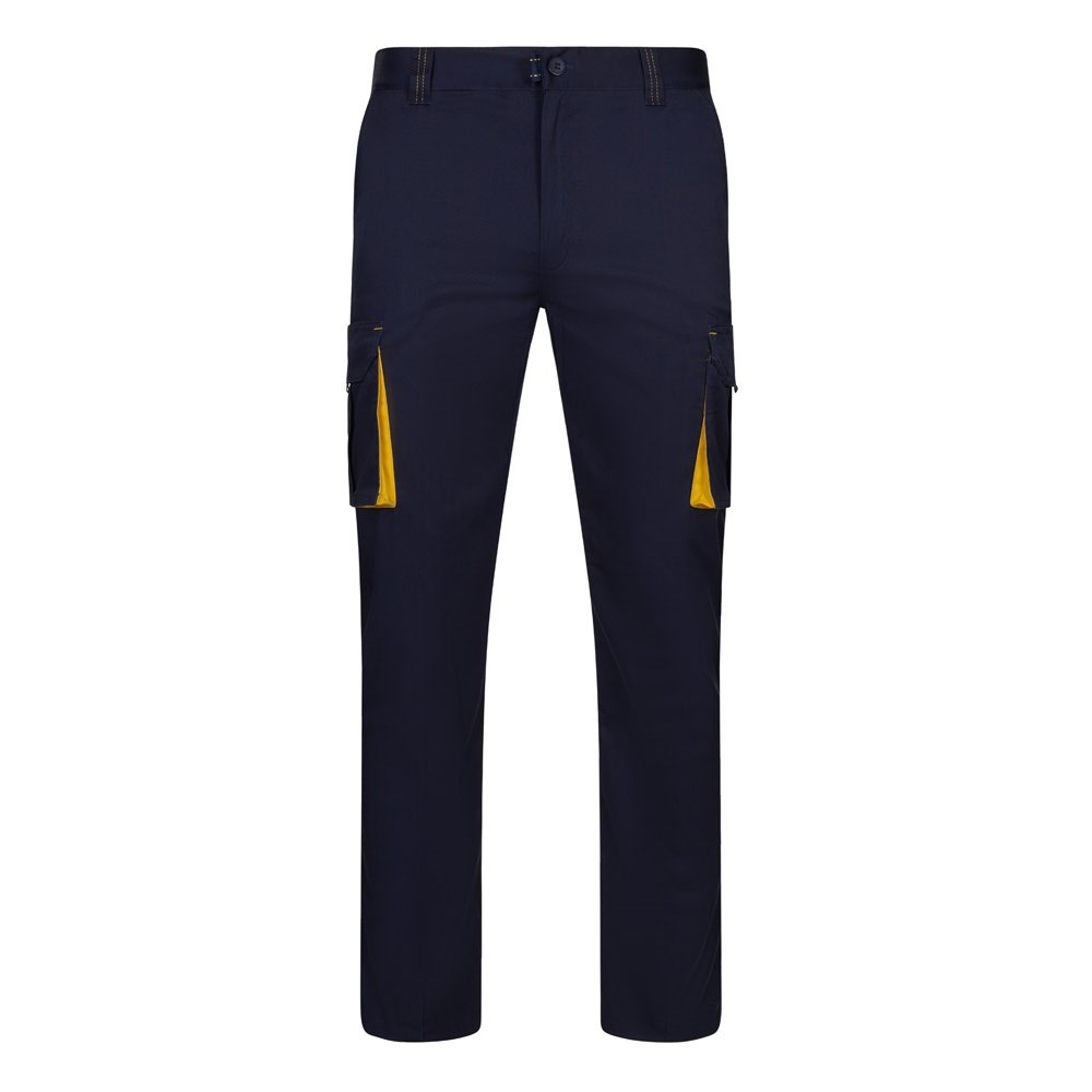 VL FIDES. Zweifarbige Stretch-Hose mit mehreren Taschen (240 g/m²), aus Baumwolle (46 %), EME (38 %) und Polyester (16 %) - Marineblau, Gelb