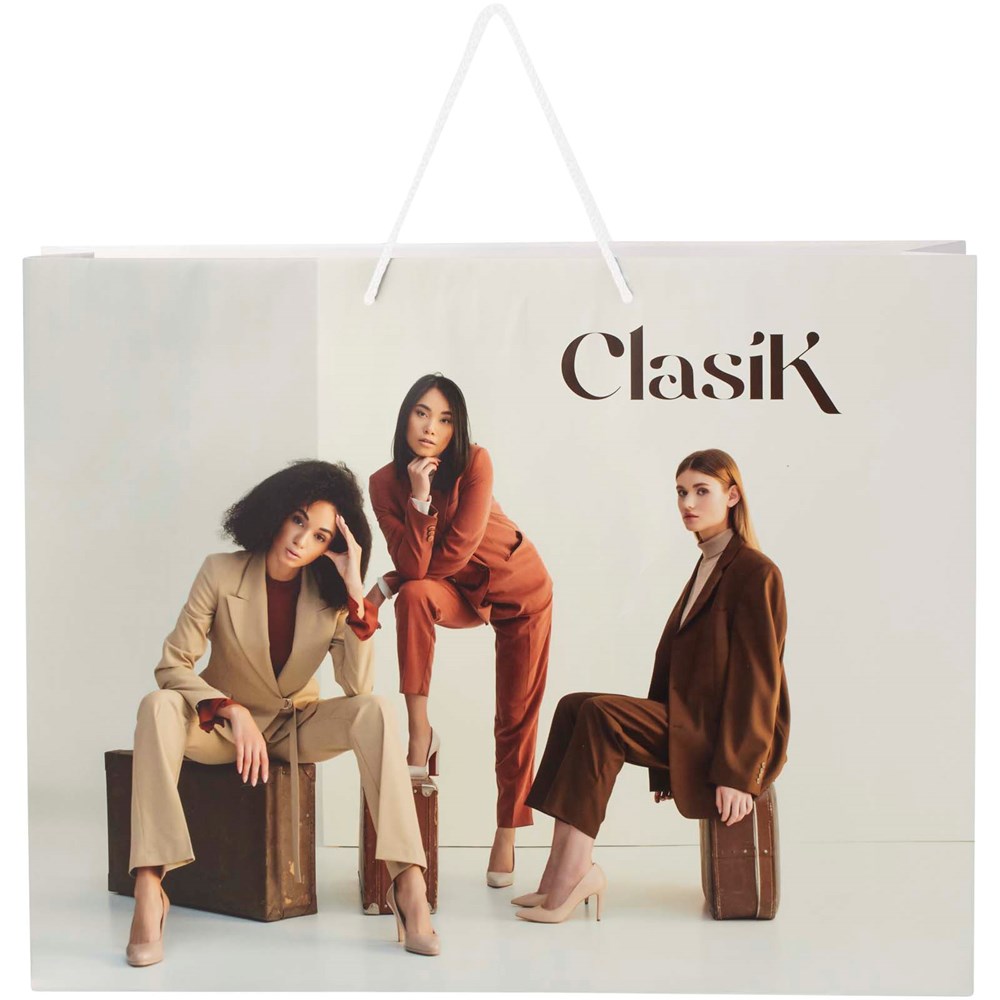 Handgefertigte 170 g/m² Integra-Papiertüte mit Kunststoff Kordelgriffen – 45 × 10 × 35 cm