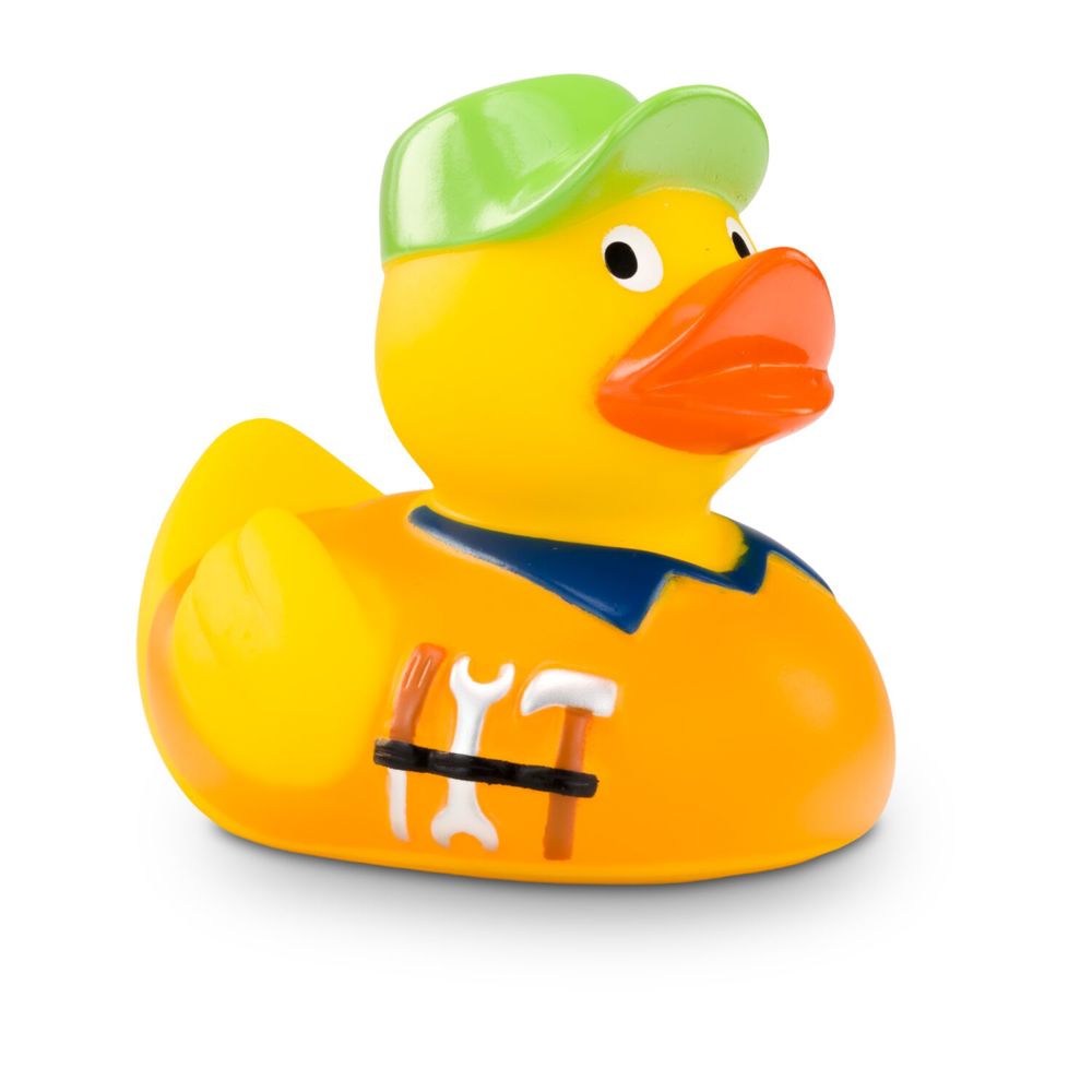 Werbeente Hugo Handwerker mit orangenem Shirt