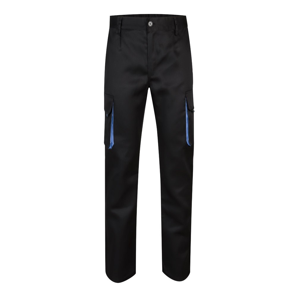 VL HYPNOS. Zweifarbige Twill-Hose mit mehreren Taschen (200 g/m²), aus Baumwolle (35 %) und Polyester (65 %) - Schwarz, Hellblau