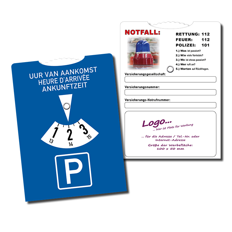 Parkscheibe (BE) mit Notfallrufnummern