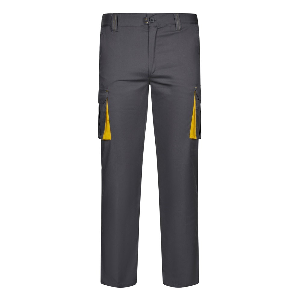 VL FIDES. Zweifarbige Stretch-Hose mit mehreren Taschen (240 g/m²), aus Baumwolle (46 %), EME (38 %) und Polyester (16 %) - Grau, Gelb
