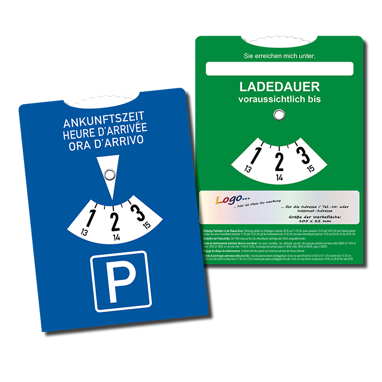 Parkscheibe (CH – 3-sprachiger Vorderseite) mit rückseitiger Elektroladescheibe