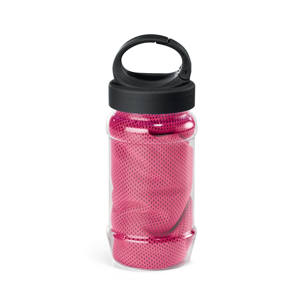 ARTX PLUS. Sporthandtuch aus Polyamid und Polyester mit Flasche (440 mL) aus PP und PET und einem integrierten Karabinerhaken am Deckel - rosa