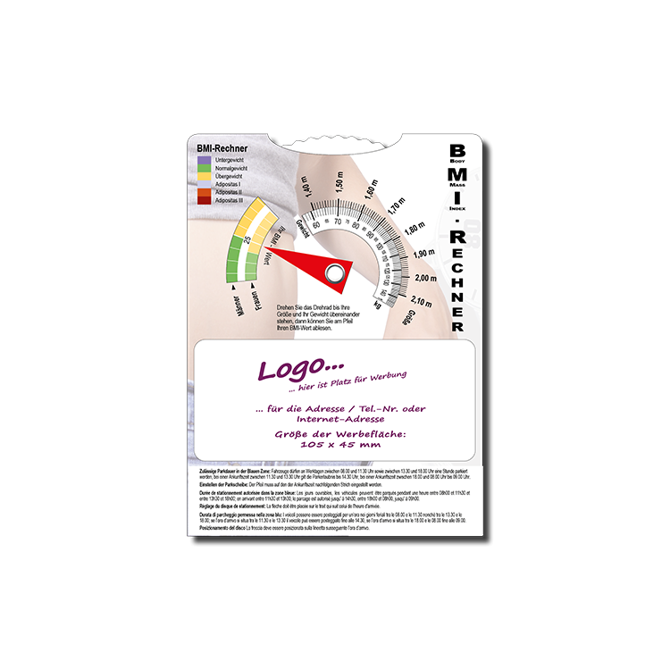 Parkscheibe (CH – 3-sprachiger Vorderseite) mit rückseitigem BMI-Rechner
