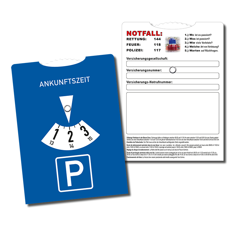 Parkscheibe (CH – Deutsche Vorderseite) mit Notfallrufnummern