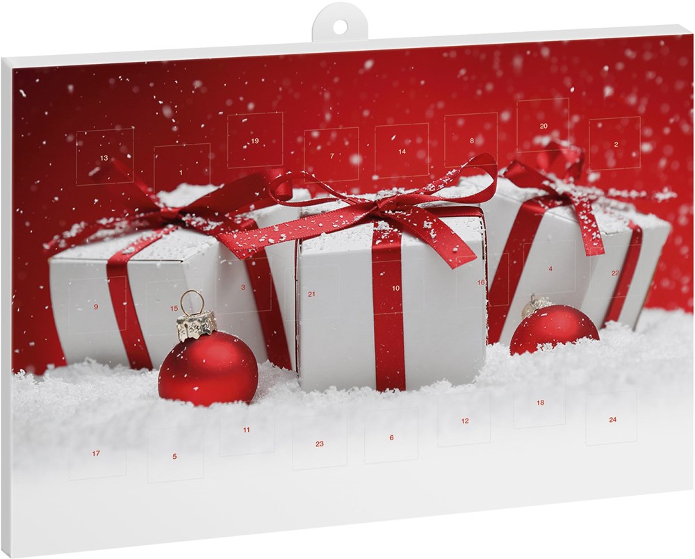 Classic Schkoko-Adventskalender mit Werbeeindruck - Geschenke mit roter Schleife