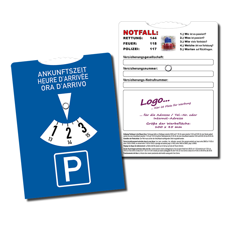Parkscheibe (CH – 3sprachiger Vorderseite) mit Notfallrufnummern