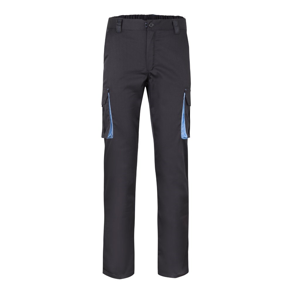 VL FIDES. Zweifarbige Stretch-Hose mit mehreren Taschen (240 g/m²), aus Baumwolle (46 %), EME (38 %) und Polyester (16 %) - Schwarz, Hellblau