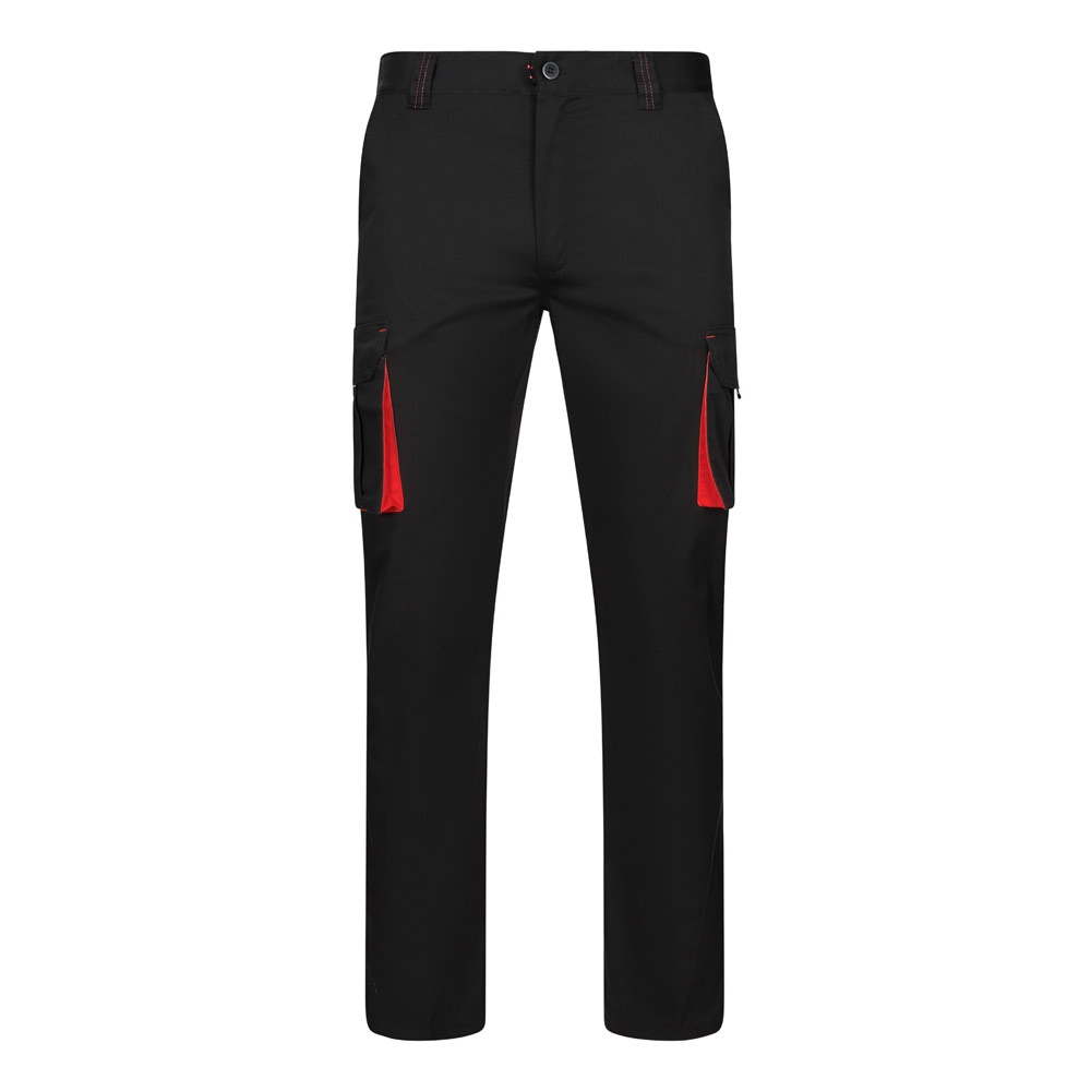 VL FIDES. Zweifarbige Stretch-Hose mit mehreren Taschen (240 g/m²), aus Baumwolle (46 %), EME (38 %) und Polyester (16 %) - schwarz, rot