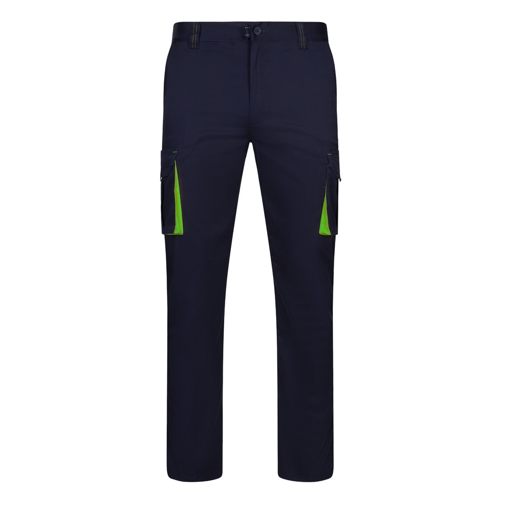 VL FIDES. Zweifarbige Stretch-Hose mit mehreren Taschen (240 g/m²), aus Baumwolle (46 %), EME (38 %) und Polyester (16 %) - Marineblau, Grün