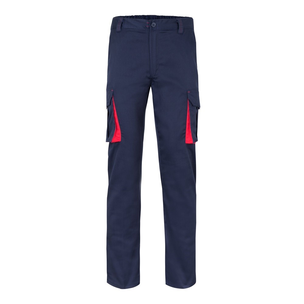 VL FIDES. Zweifarbige Stretch-Hose mit mehreren Taschen (240 g/m²), aus Baumwolle (46 %), EME (38 %) und Polyester (16 %) - Marineblau, Rot