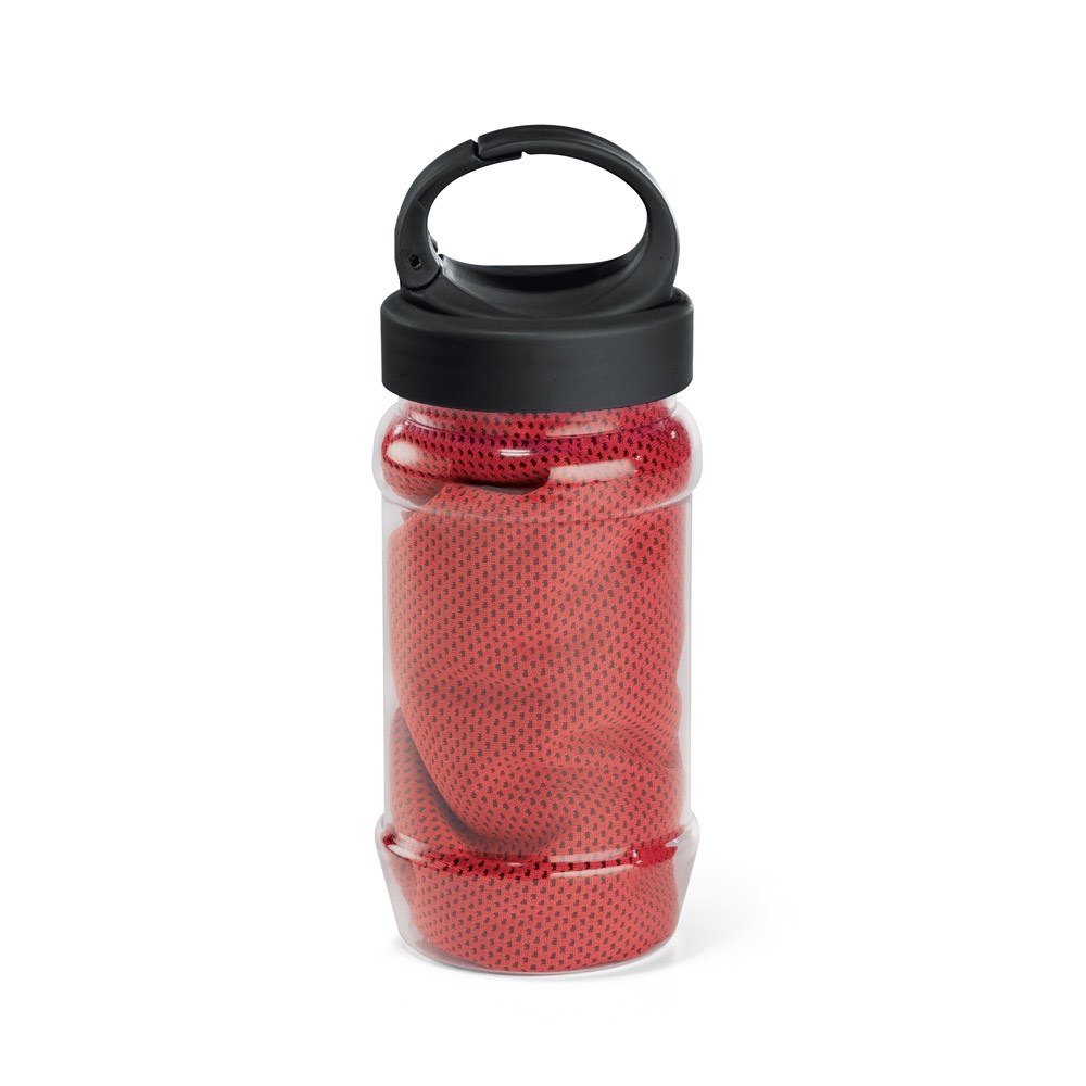 ARTX PLUS. Sporthandtuch aus Polyamid und Polyester mit Flasche (440 mL) aus PP und PET und einem integrierten Karabinerhaken am Deckel - rot