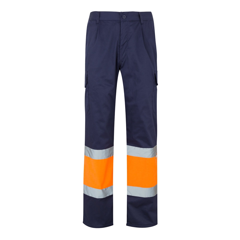 VL POSEIDON. Zweifarbige Twill-Hose mit mehreren Taschen (210 g/m²), aus Baumwolle (20%) und Polyester (80%) - Marineblau, Orange