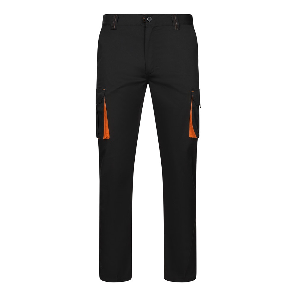 VL FIDES. Zweifarbige Stretch-Hose mit mehreren Taschen (240 g/m²), aus Baumwolle (46 %), EME (38 %) und Polyester (16 %) - schwarz, orange