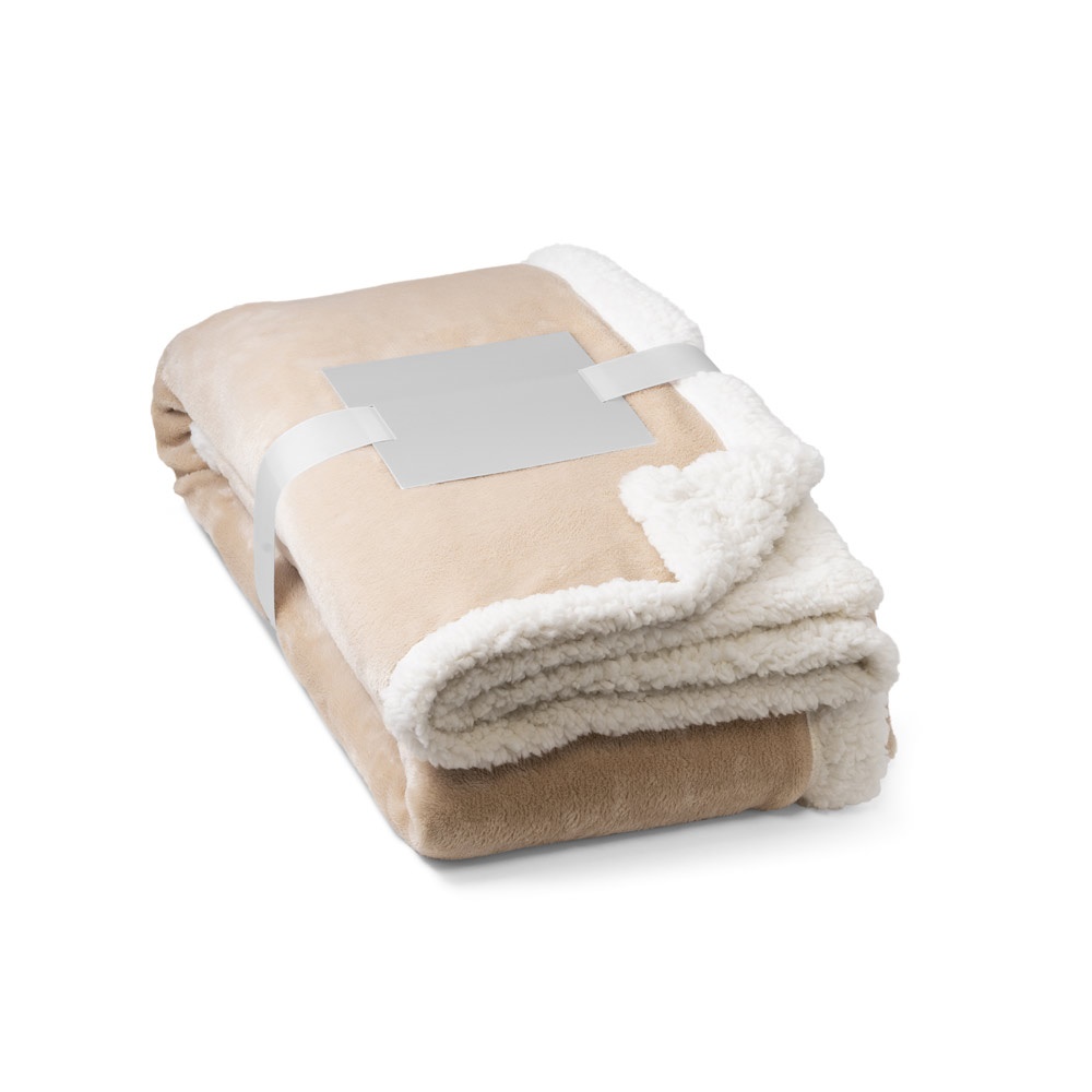 HEIDEN. Wendbare Fleecedecke (190 g/m²) mit Satinband und personalisierter Karte - beige