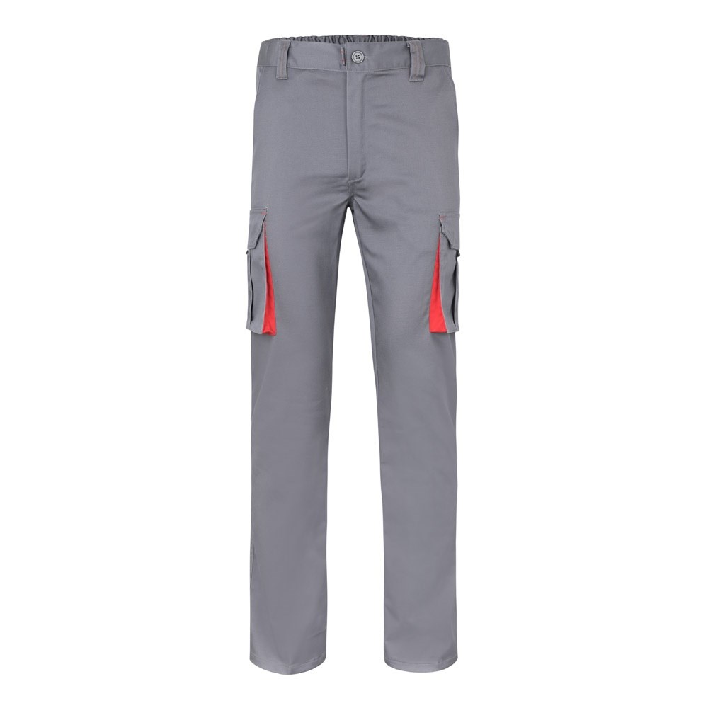 VL FIDES. Zweifarbige Stretch-Hose mit mehreren Taschen (240 g/m²), aus Baumwolle (46 %), EME (38 %) und Polyester (16 %) - Grau, Rot